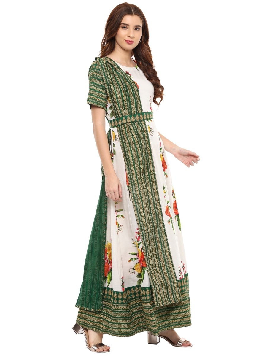 Ahalyaa Cotton Floral Attached Dupatta With Belt Flared Kurta