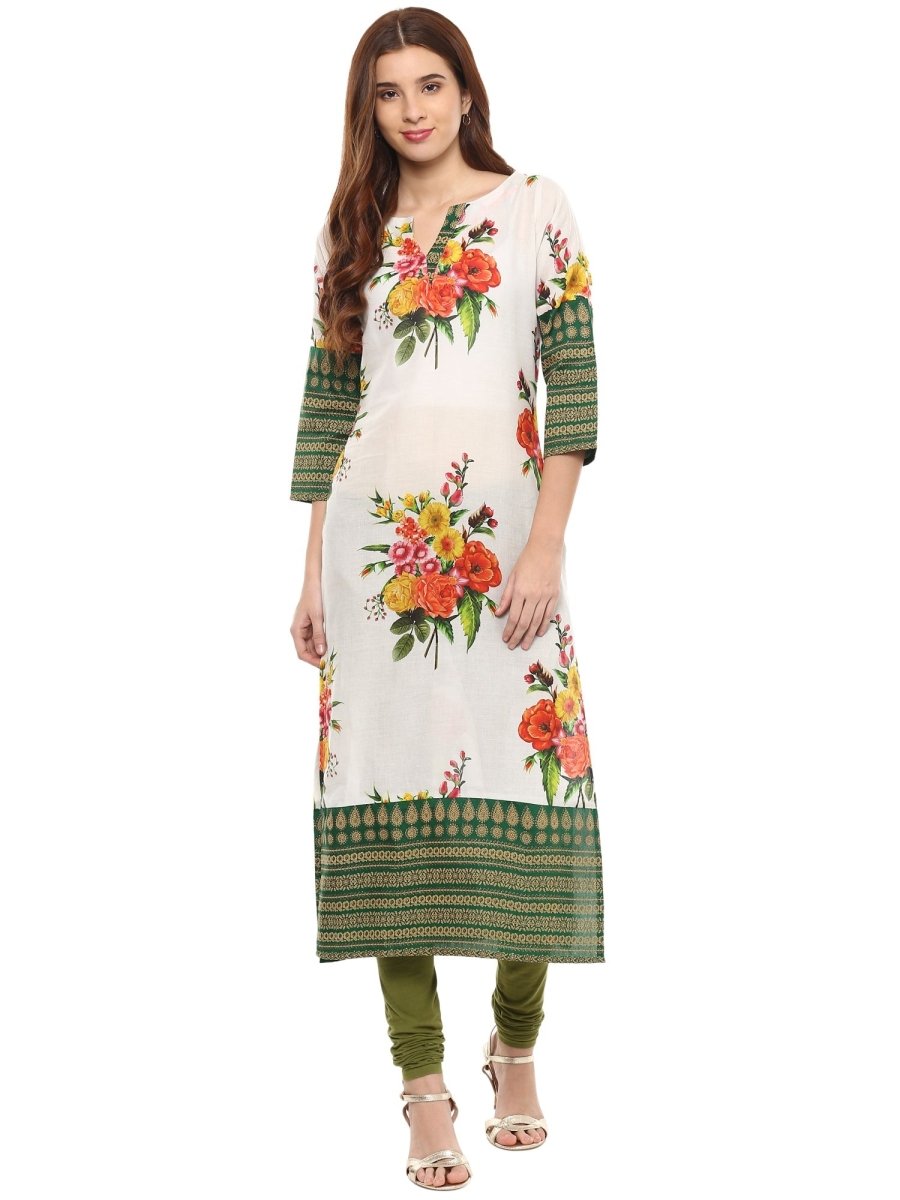 Ahalyaa Floral Cotton Blend Straight Off white Kurta