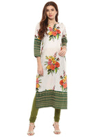 Thumbnail for Ahalyaa Floral Cotton Blend Straight Off white Kurta