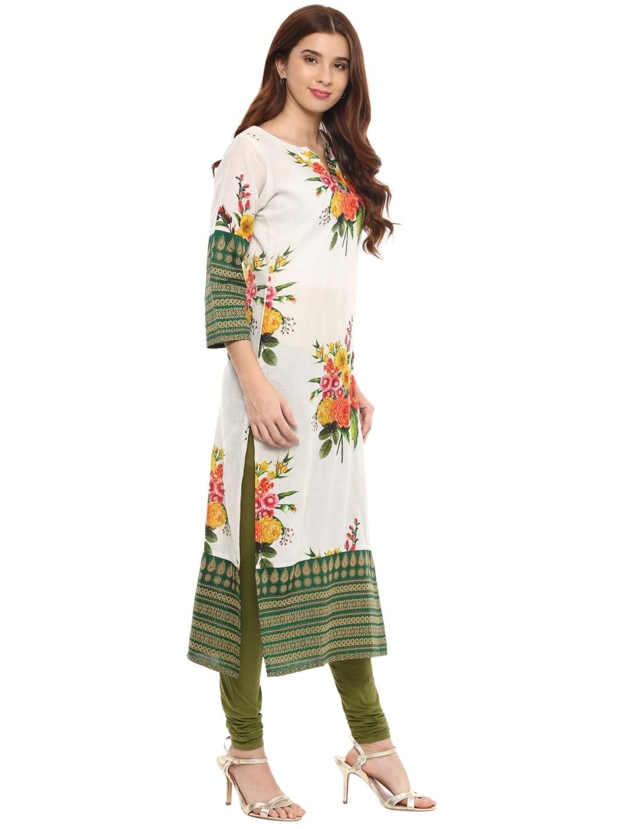 Ahalyaa Floral Cotton Blend Straight Off white Kurta