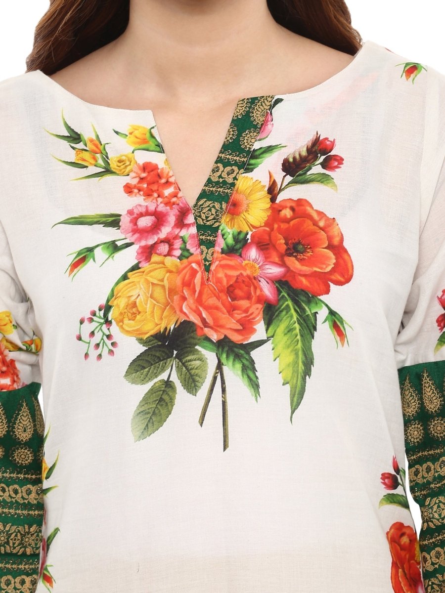 Ahalyaa Floral Cotton Blend Straight Off white Kurta