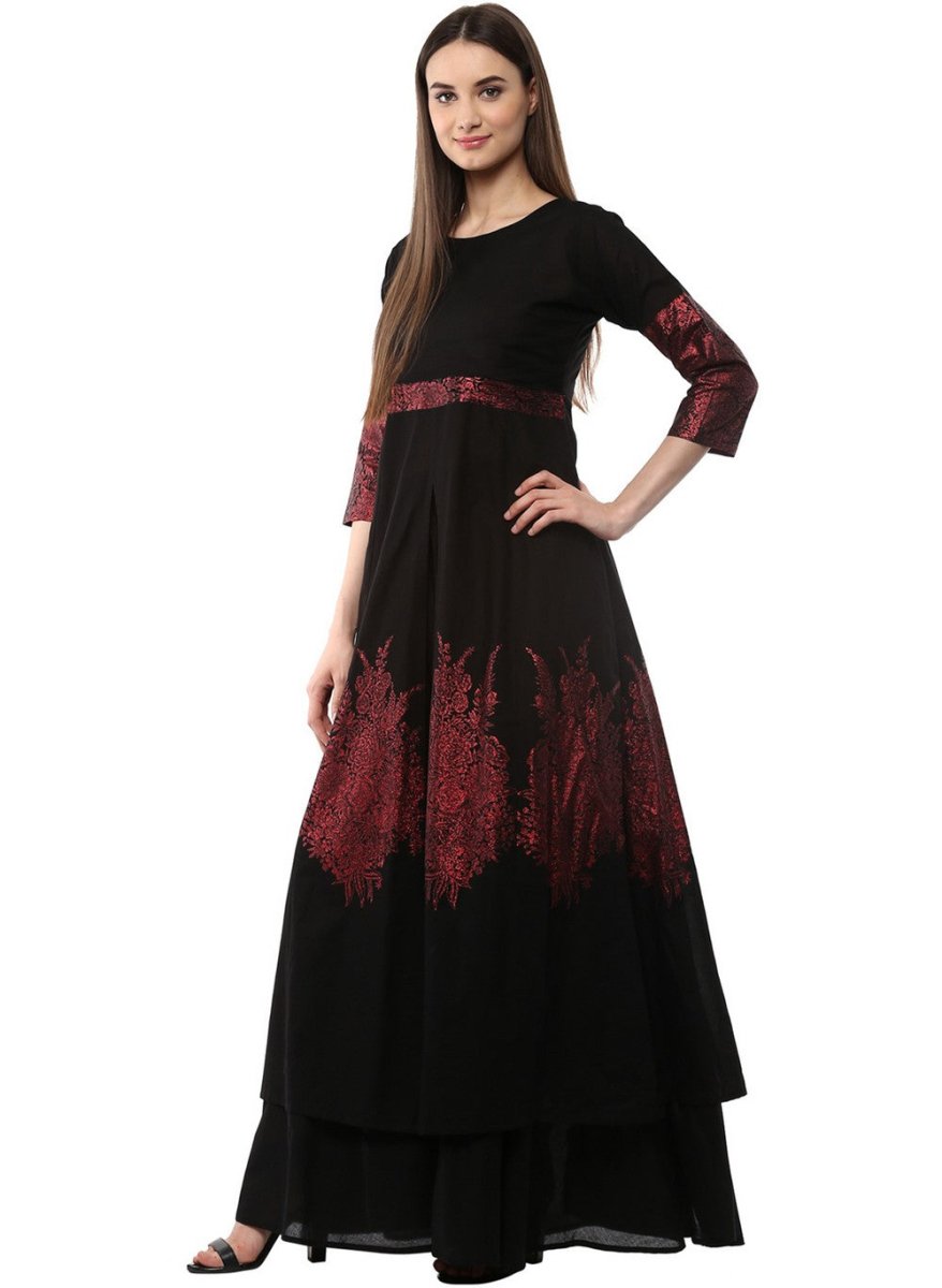 Ahalyaa Black & Red Cotton Blend Floor Length Anarkali Kurta Dress