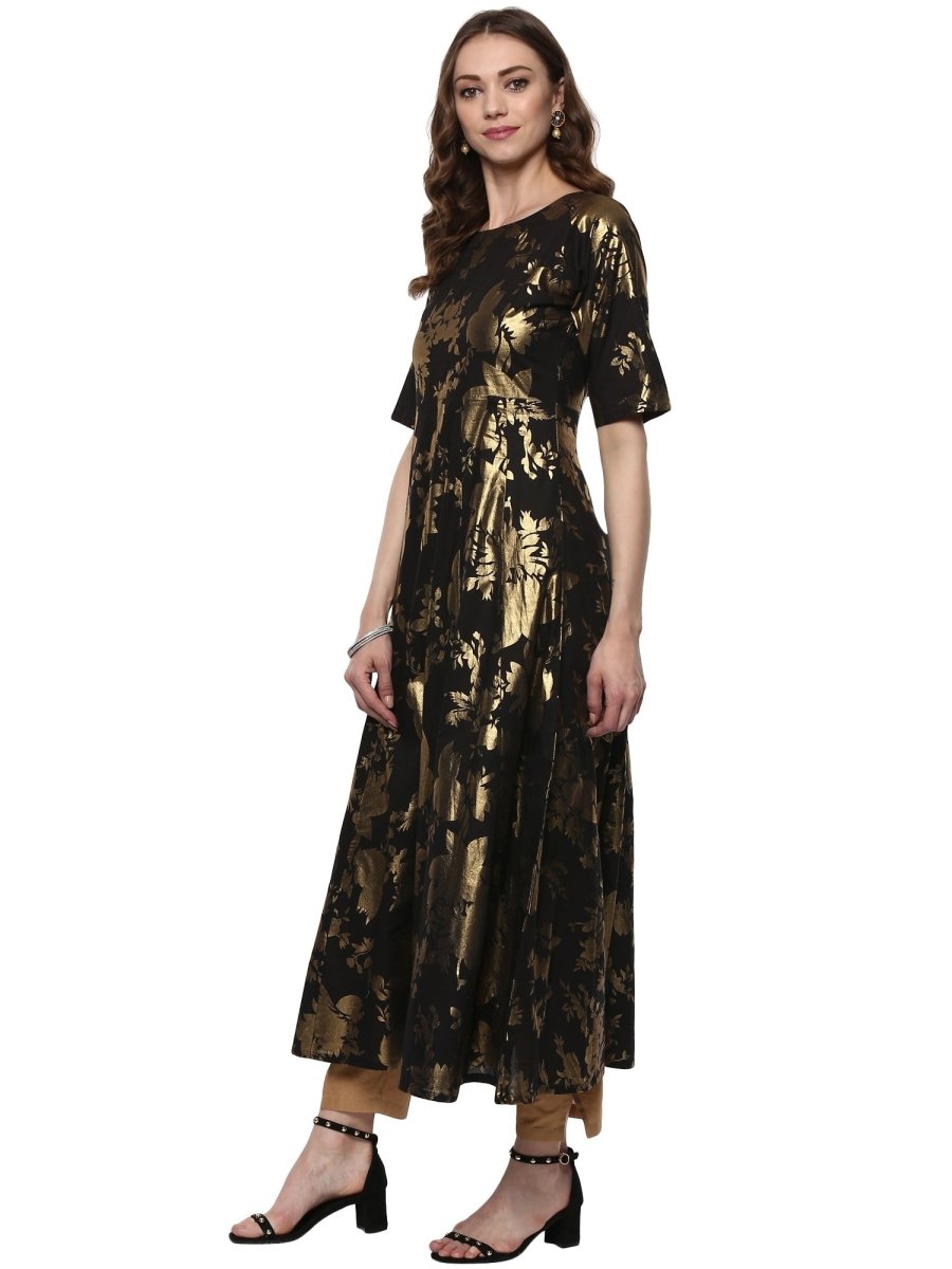 Ahalyaa Black Floor Length Cotton Blend Anarkali With Gold Print