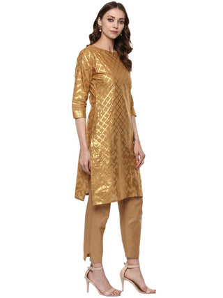 Ahalyaa Short Beige Cotton Blend Kurta With Metallic Gold Chevron Print