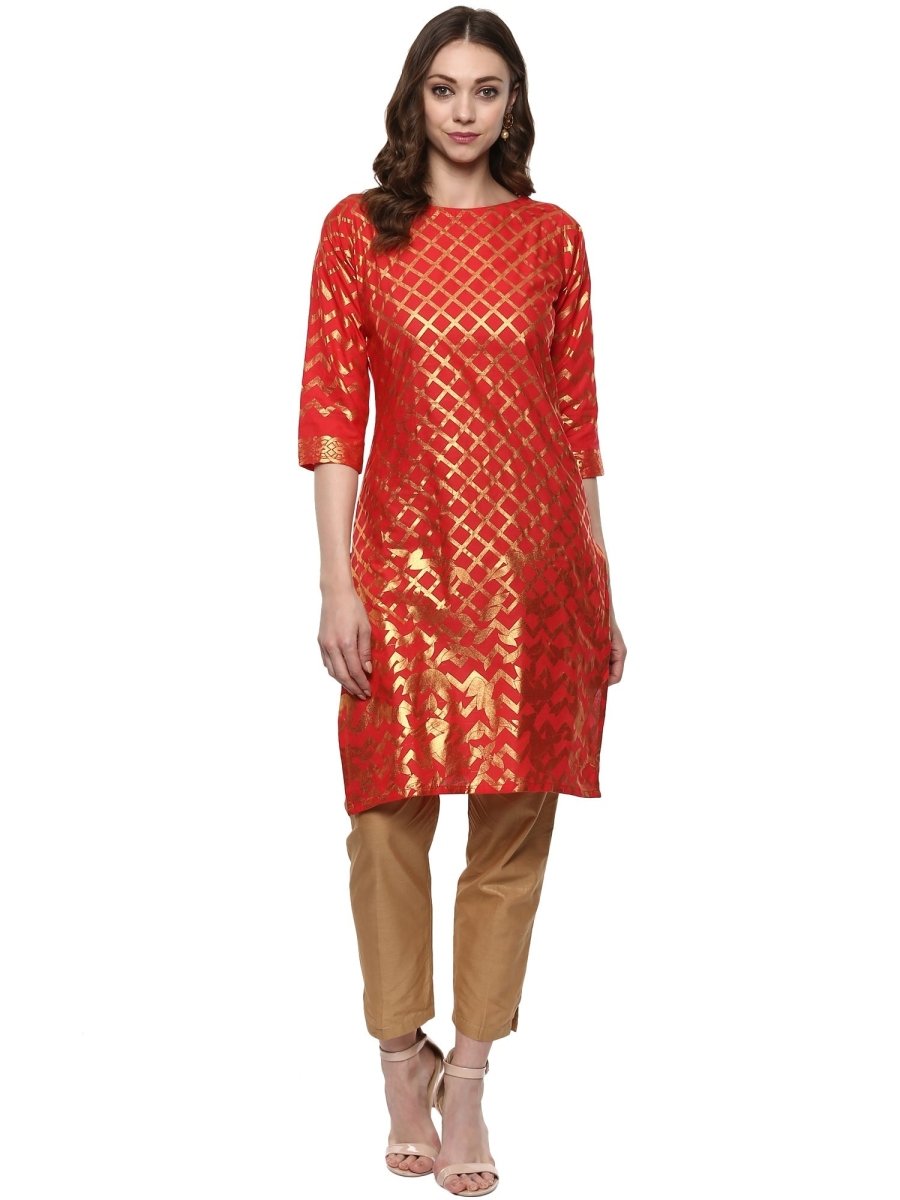 Ahalyaa Fiery Red Cotton Blend Kurta With Metallic Gold Print
