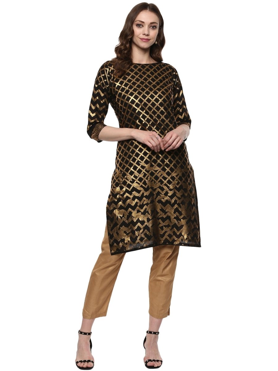 Ahalyaa Women Classic Black Cotton Blend Short Kurta with Metallic Print