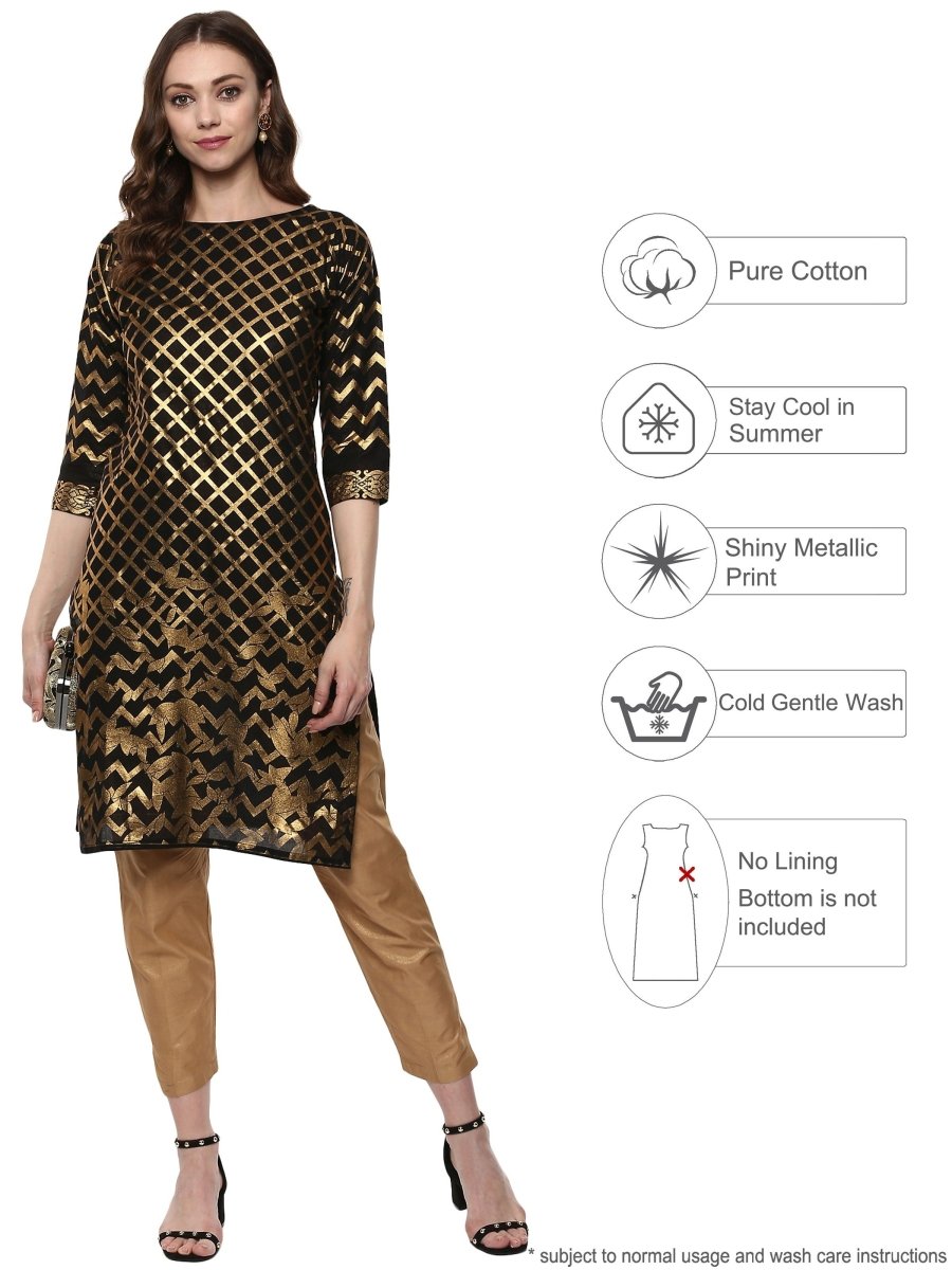 Ahalyaa Women Classic Black Cotton Blend Short Kurta with Metallic Print
