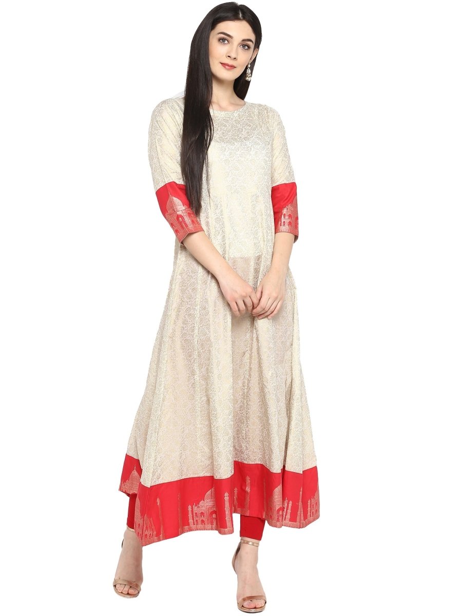 Ahalyaa Off White & Red Gold Printed Anarkali