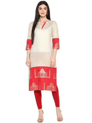 Ahalyaa Off White & Red Metallic Printed Straight Cotton Blend Beautiful Kurta