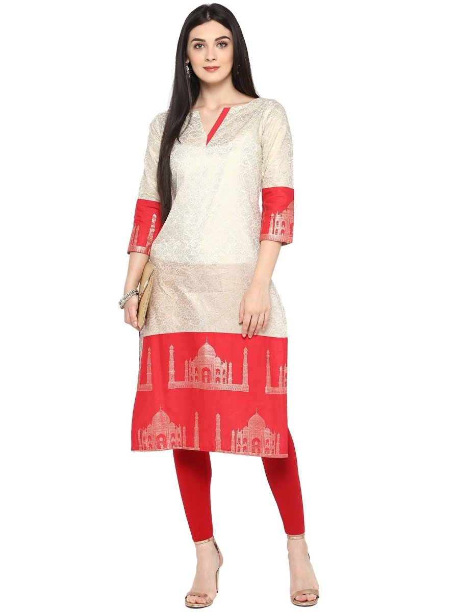 Ahalyaa Off White & Red Metallic Printed Straight Cotton Blend Beautiful Kurta