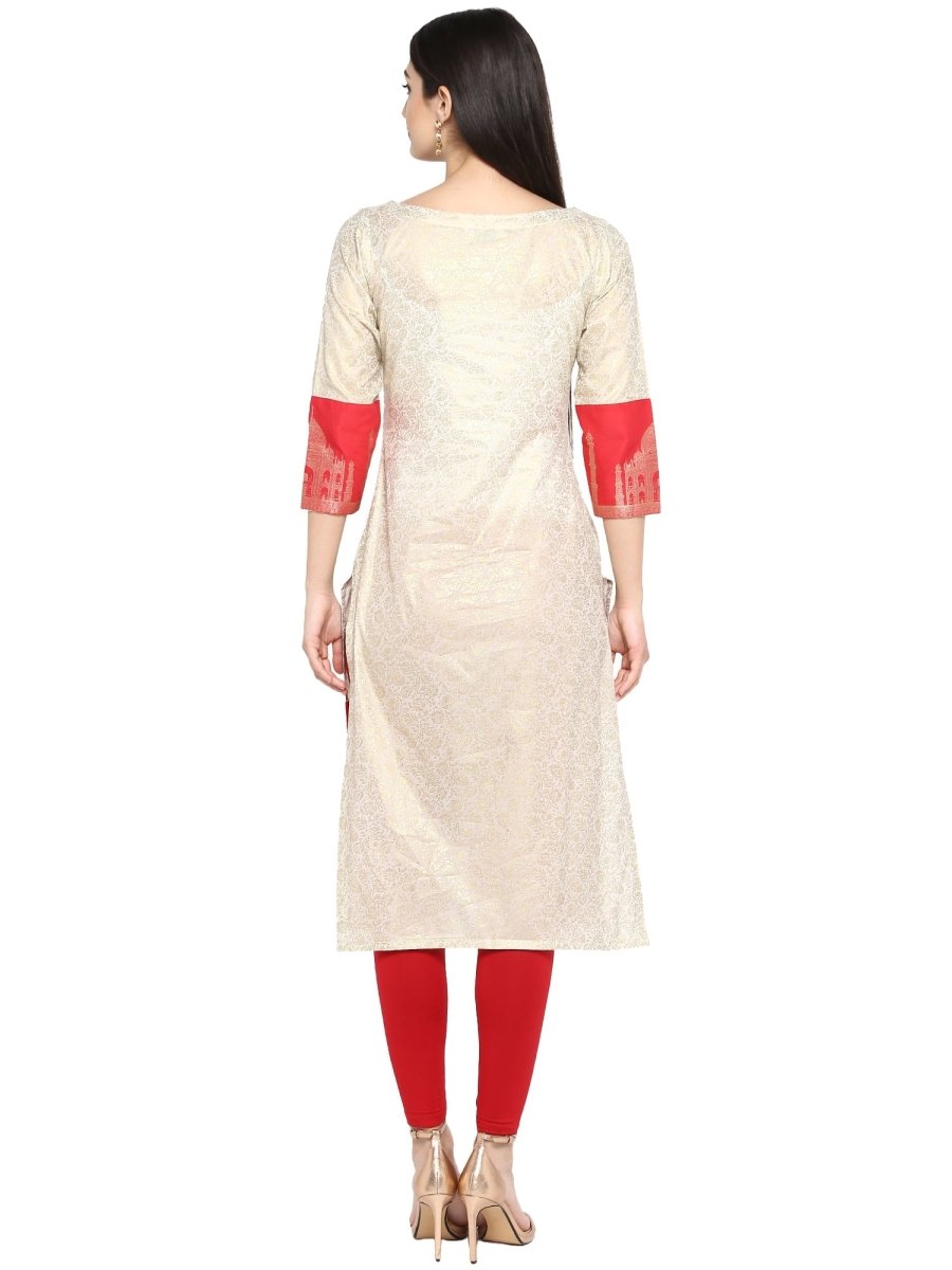 Ahalyaa Off White & Red Metallic Printed Straight Cotton Blend Beautiful Kurta