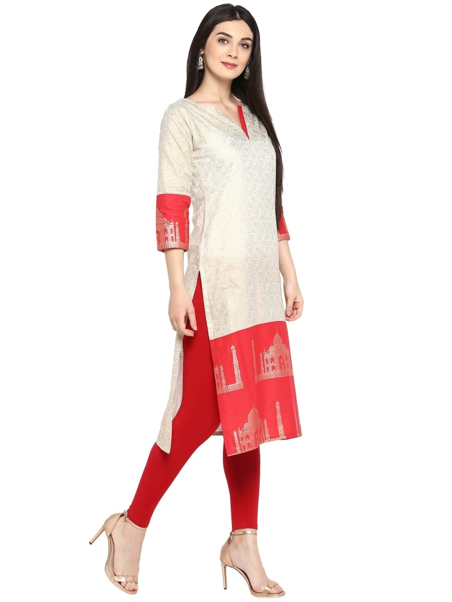 Ahalyaa Off White & Red Metallic Printed Straight Cotton Blend Beautiful Kurta