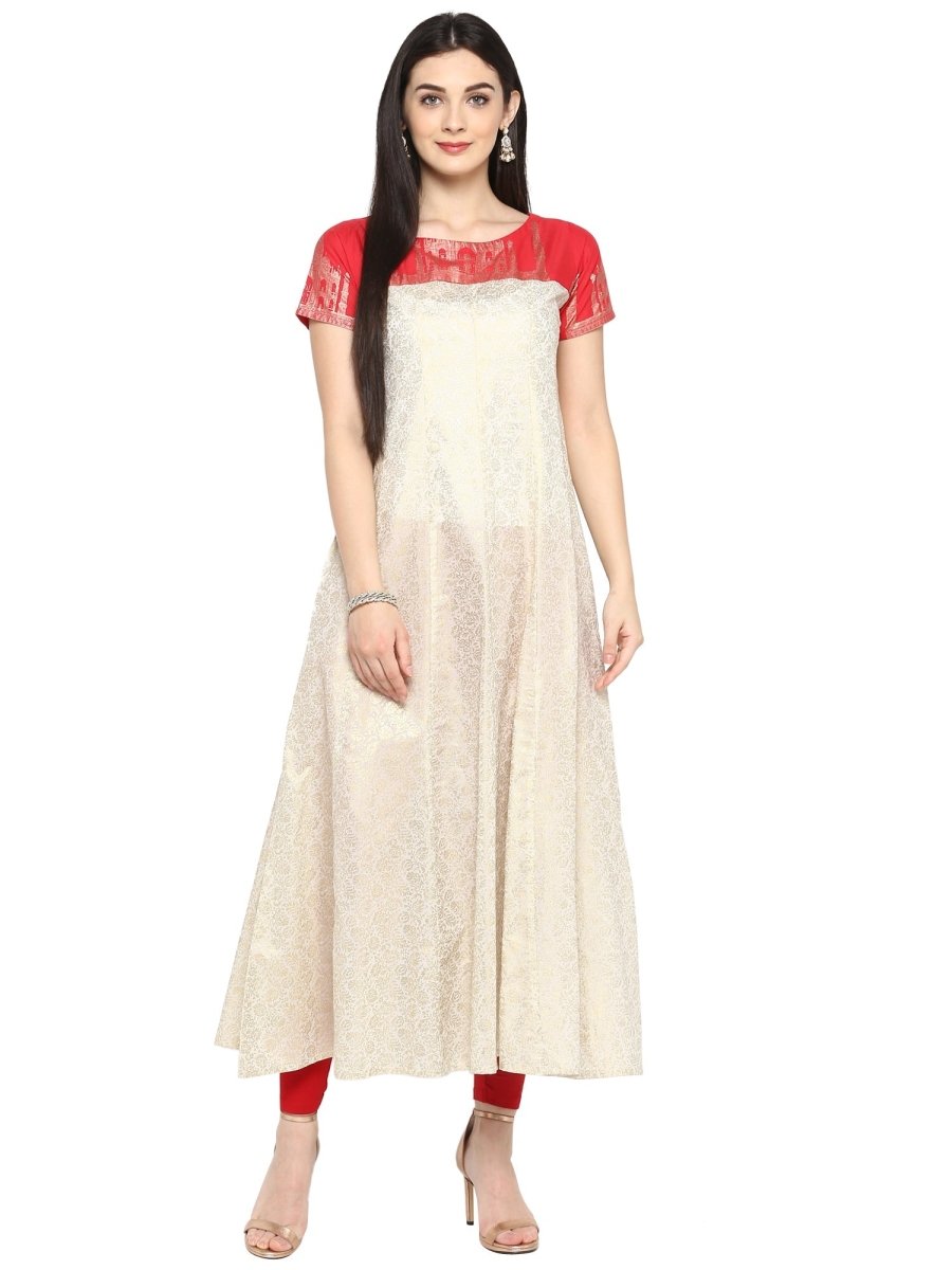Ahalyaa Red & Off White Metallic Print Beautiful Anarkali Kurta