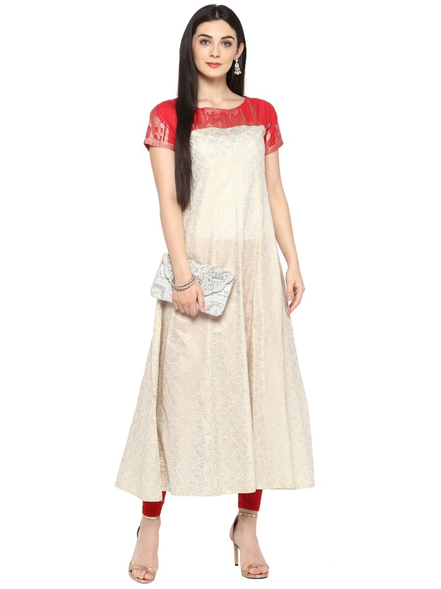 Ahalyaa Red & Off White Metallic Print Beautiful Anarkali Kurta
