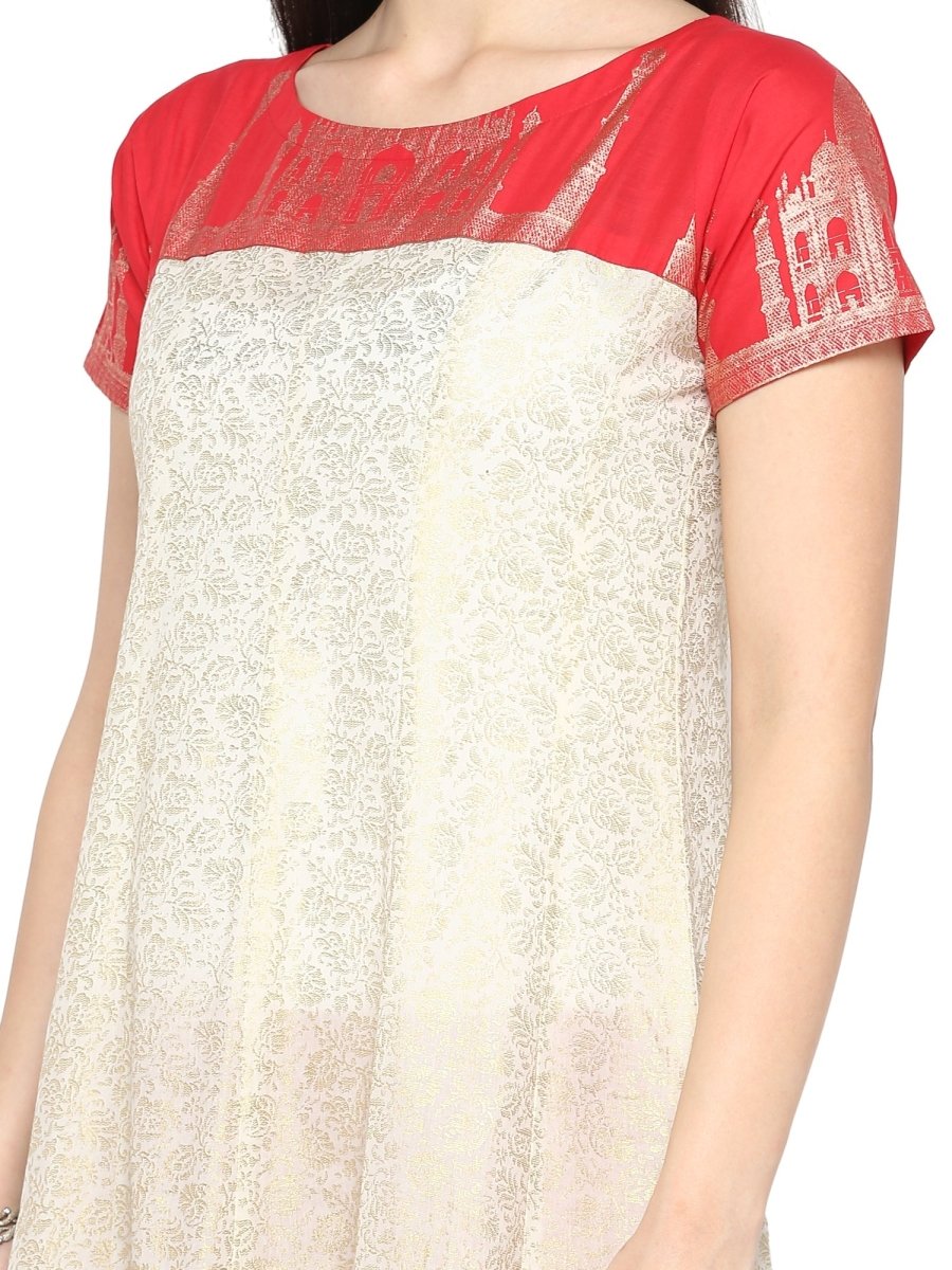 Ahalyaa Red & Off White Metallic Print Beautiful Anarkali Kurta
