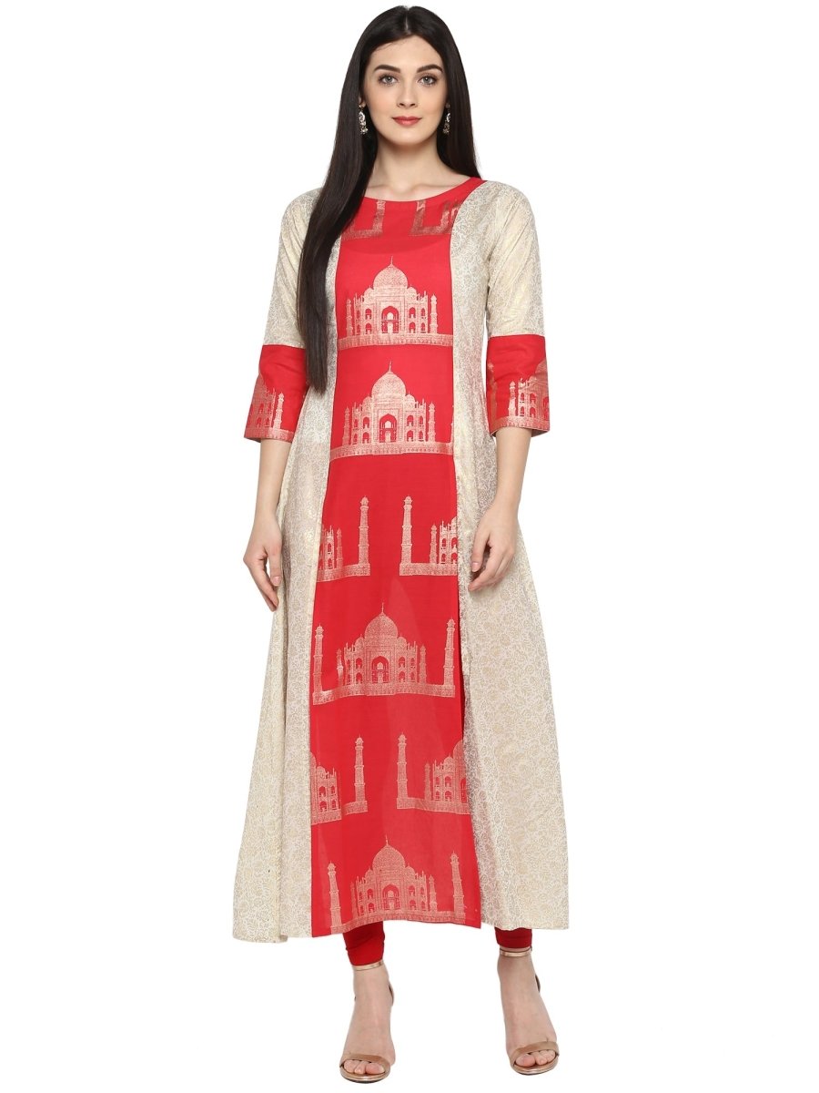 Ahalyaa Taj Mahal Print and Brocade Look Off White & Red Kurta