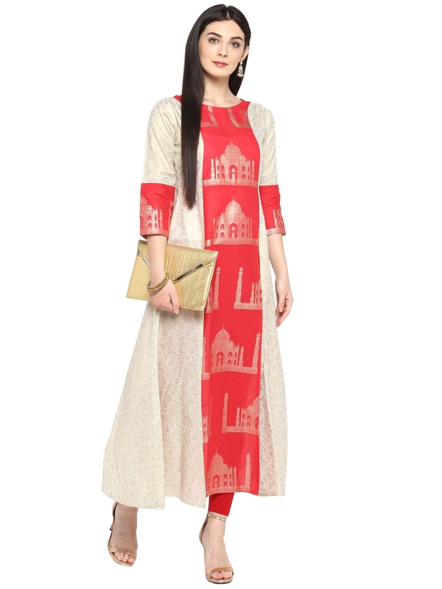 Ahalyaa Taj Mahal Print and Brocade Look Off White & Red Kurta