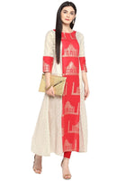 Thumbnail for Ahalyaa Taj Mahal Print and Brocade Look Off White & Red Kurta