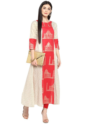 Ahalyaa Taj Mahal Print and Brocade Look Off White & Red Kurta