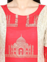 Thumbnail for Ahalyaa Taj Mahal Print and Brocade Look Off White & Red Kurta