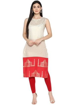 Ahalyaa Off White & Red Metallic Printed Straight Cotton Blend Kurta - Distacart