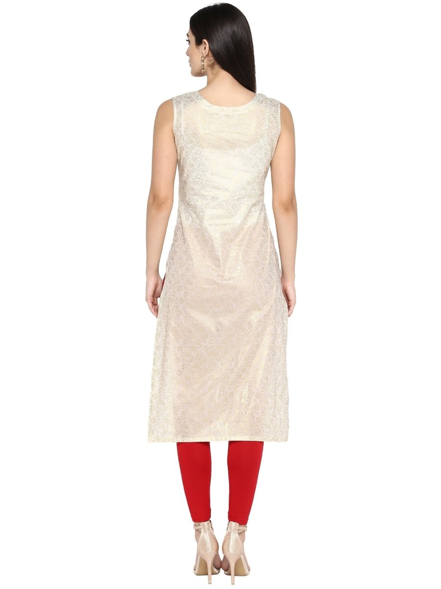 Ahalyaa Off White & Red Metallic Printed Straight Cotton Blend Kurta - Distacart