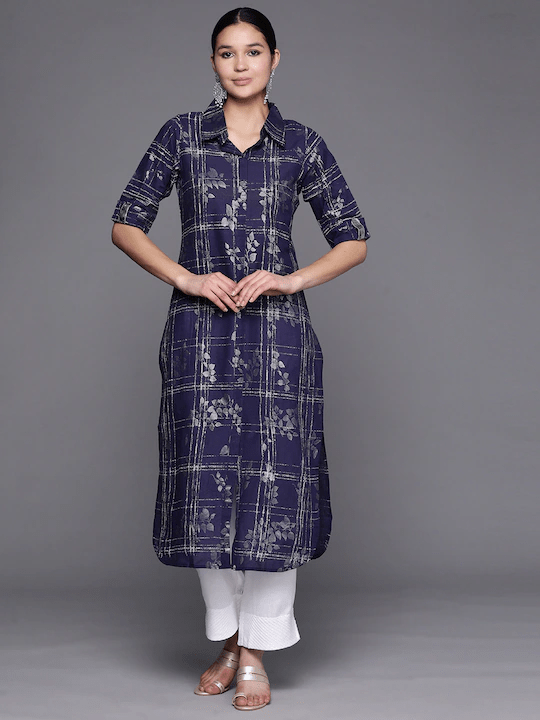 Ahalyaa Women Navy Blue & Silver Printed Pathani Kurta - Distacart