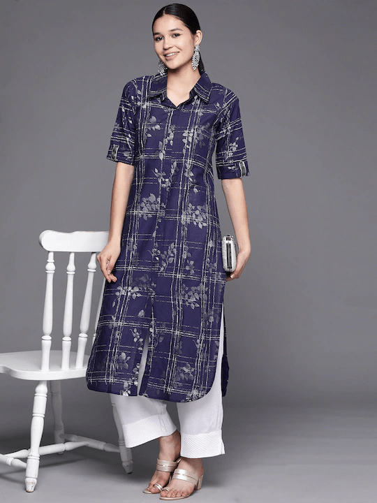Ahalyaa Women Navy Blue & Silver Printed Pathani Kurta - Distacart