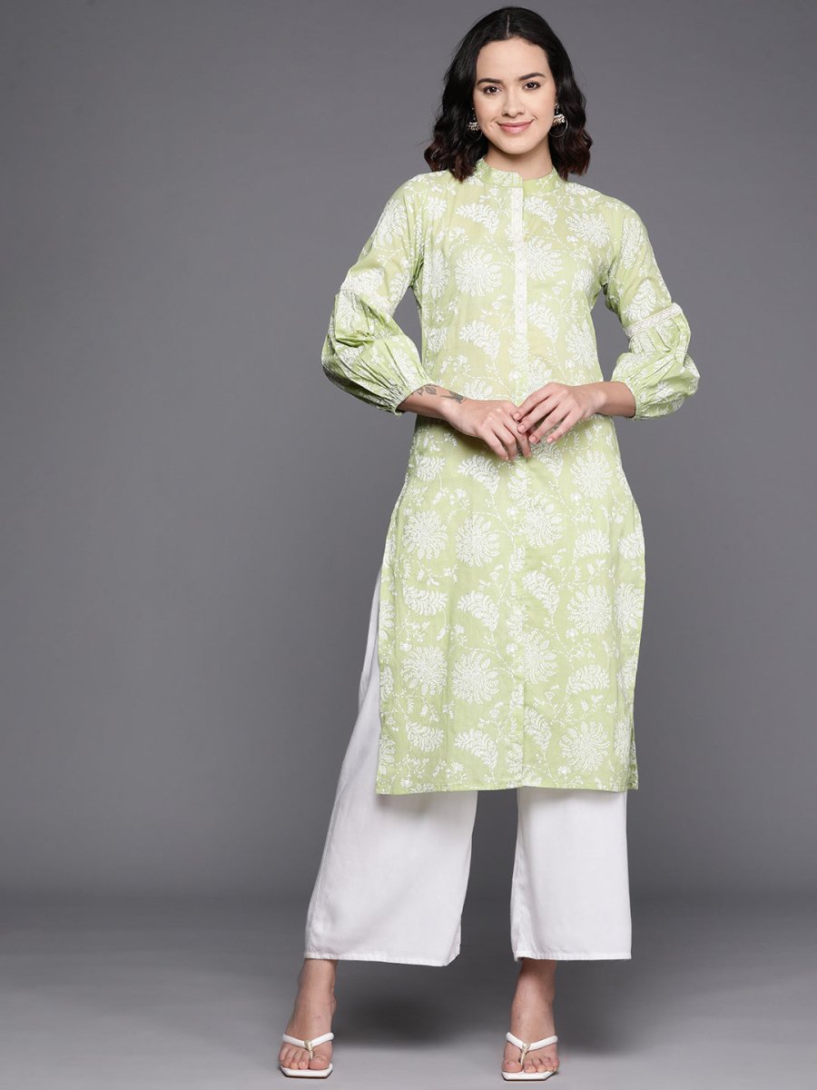 Ahalyaa Floral Printed Zari Mandarin Collar Puff Sleeves Pure Cotton Kurta - Distacart