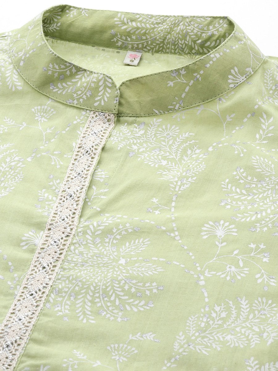Ahalyaa Floral Printed Zari Mandarin Collar Puff Sleeves Pure Cotton Kurta - Distacart