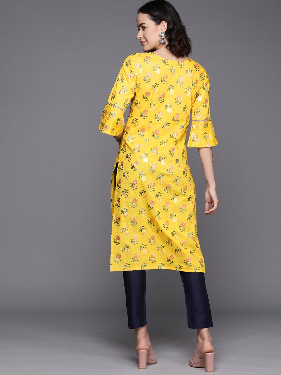 Ahalyaa Floral Printed Zari Bell Sleeves Pure Cotton Kurta - Distacart