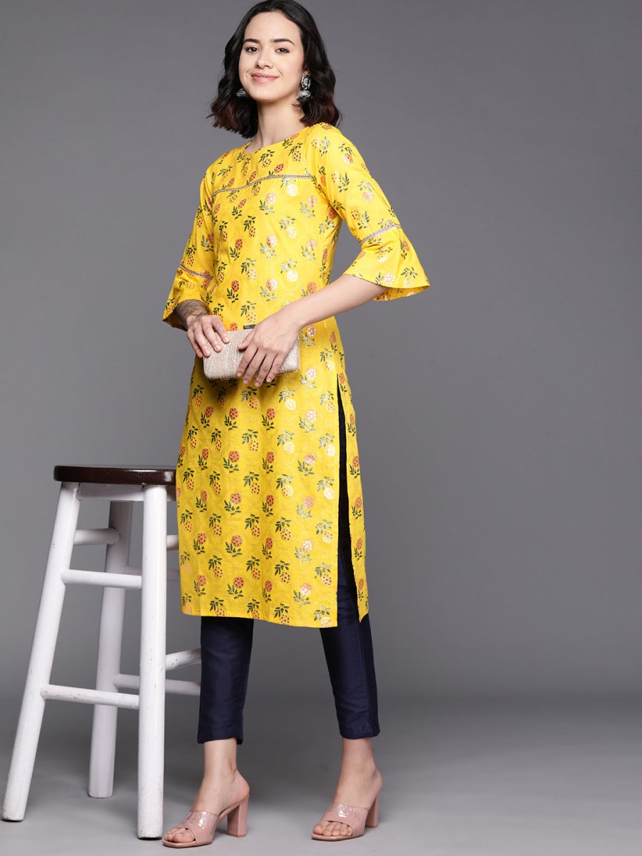 Ahalyaa Floral Printed Zari Bell Sleeves Pure Cotton Kurta - Distacart