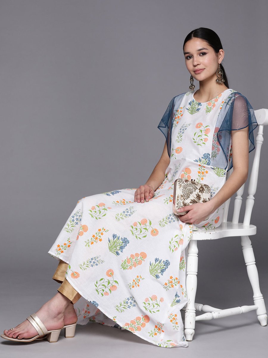 Ahalyaa Women White & Blue Printed A-Line Kurta - Distacart