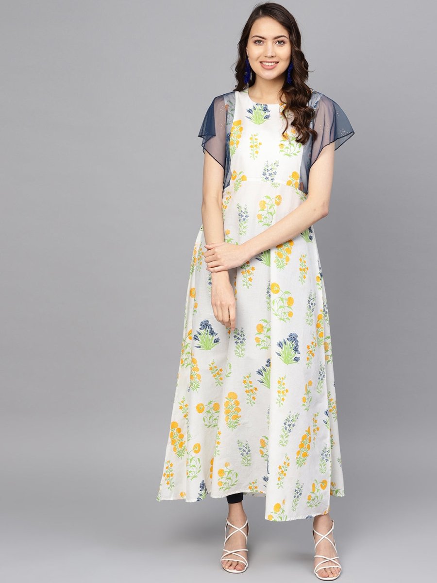 Ahalyaa Women White & Yellow Printed A-Line Kurta