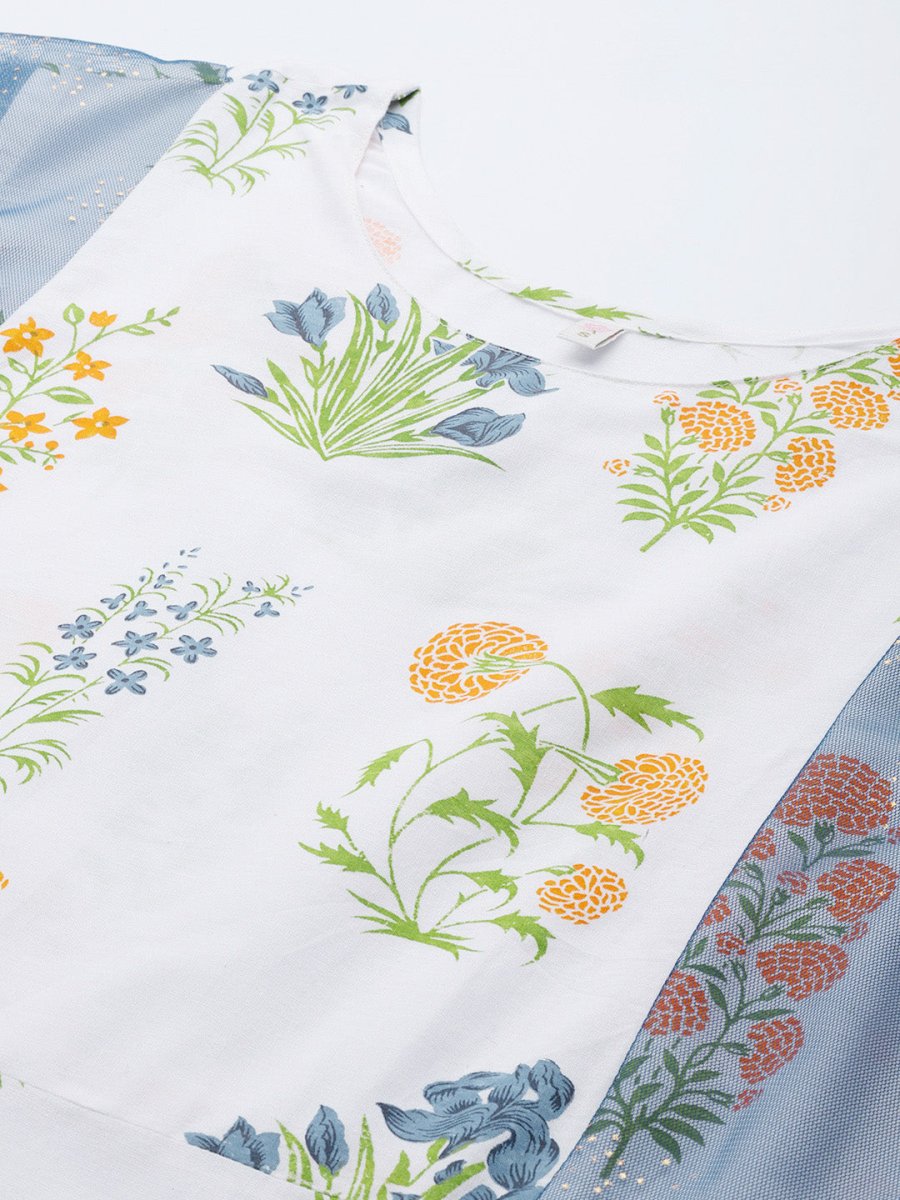 Ahalyaa Women White & Blue Printed A-Line Kurta - Distacart