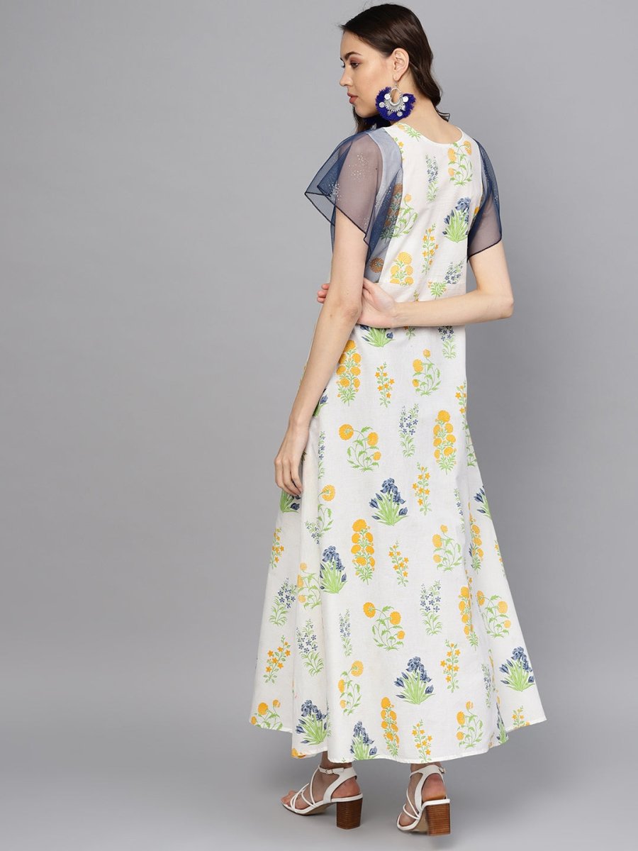 Ahalyaa Women White & Yellow Printed A-Line Kurta