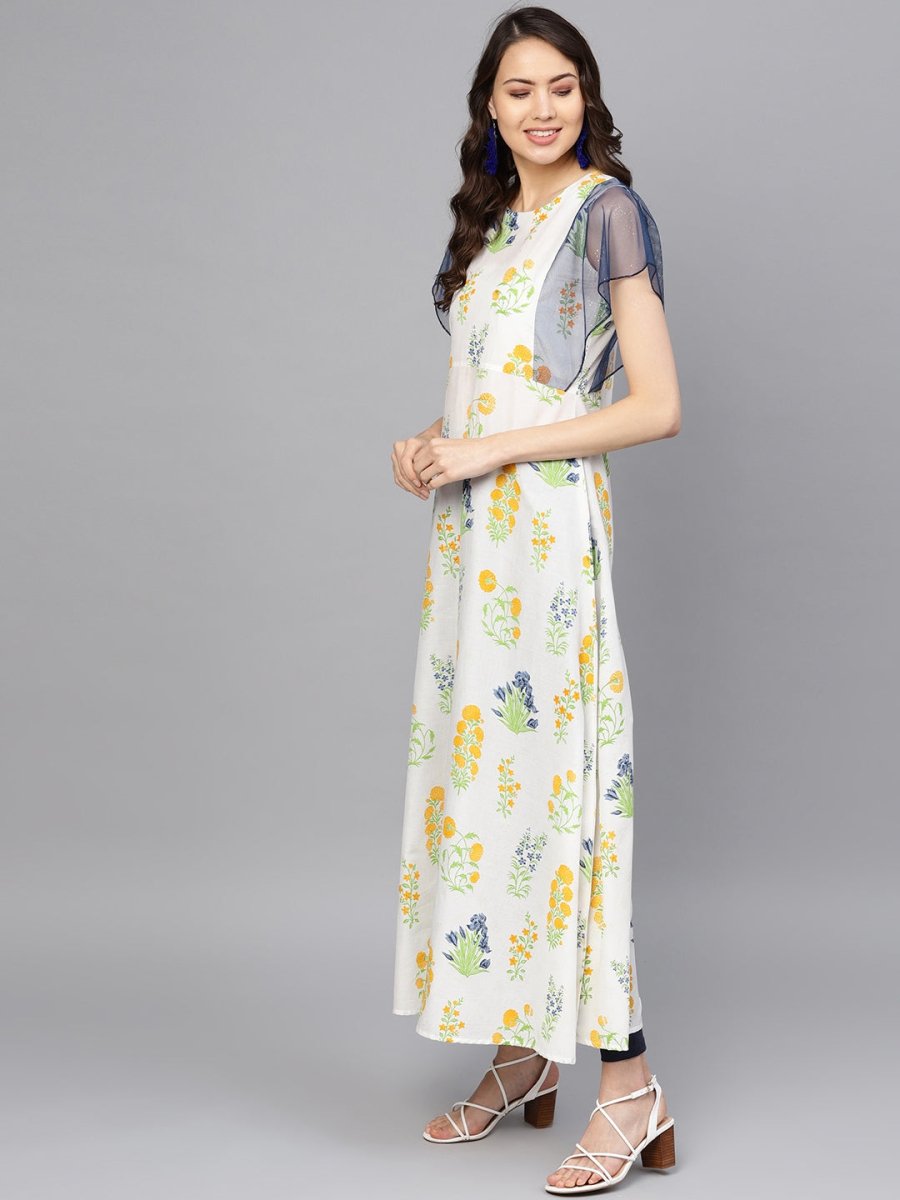 Ahalyaa Women White & Yellow Printed A-Line Kurta
