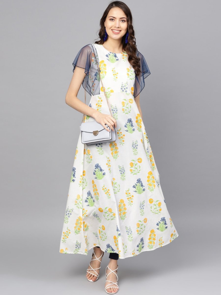 Ahalyaa Women White & Yellow Printed A-Line Kurta