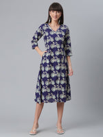 Thumbnail for Ahalyaa Women Navy Blue & Off White Pure Cotton Printed Angrakha Beautiful Kurta