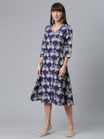 Thumbnail for Ahalyaa Women Navy Blue & Off White Pure Cotton Printed Angrakha Beautiful Kurta