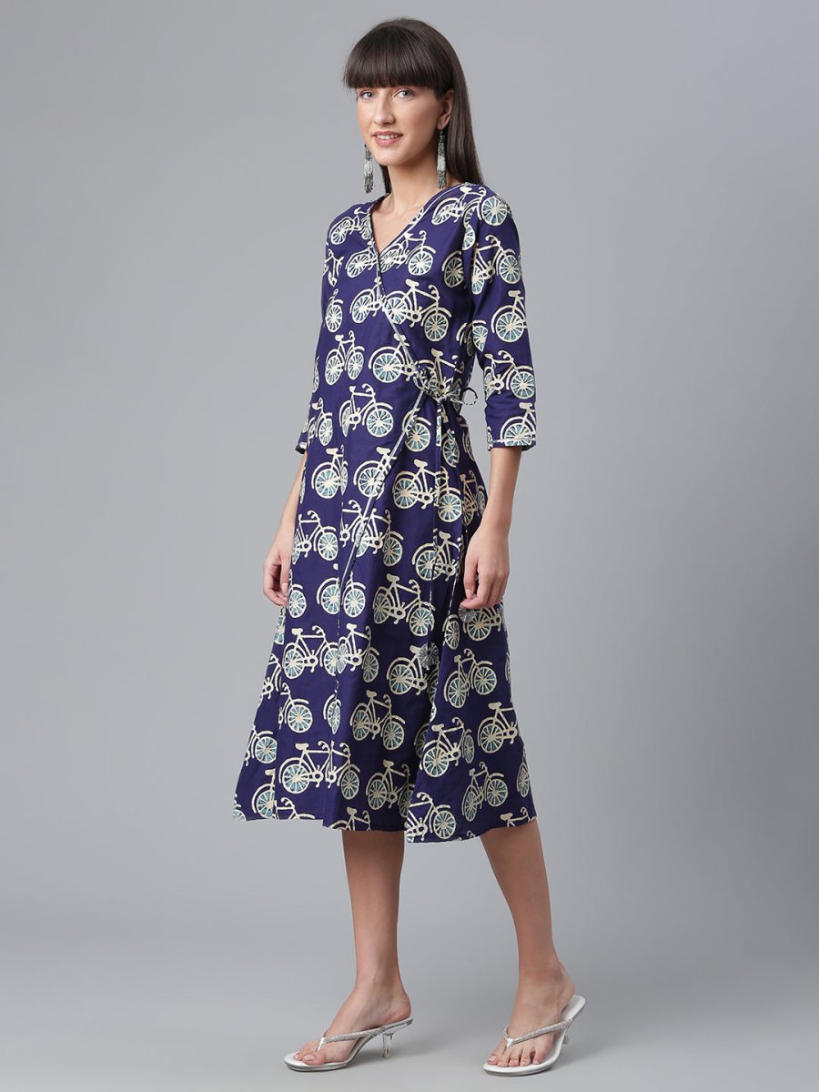 Ahalyaa Women Navy Blue & Off White Pure Cotton Printed Angrakha Beautiful Kurta