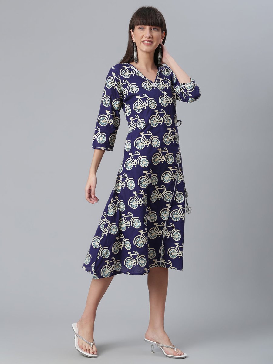 Ahalyaa Women Navy Blue & Off White Pure Cotton Printed Angrakha Beautiful Kurta