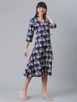 Thumbnail for Ahalyaa Women Navy Blue & Off White Pure Cotton Printed Angrakha Beautiful Kurta