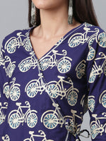 Thumbnail for Ahalyaa Women Navy Blue & Off White Pure Cotton Printed Angrakha Beautiful Kurta
