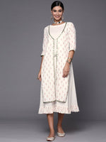 Thumbnail for Ahalyaa Off White & Pink Floral Print A-Line Midi Dress - Distacart