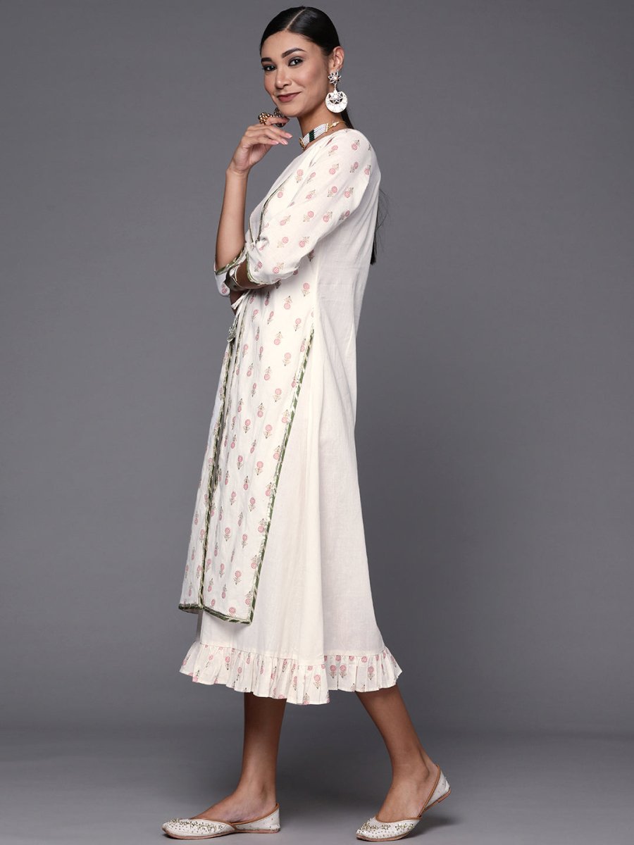 Ahalyaa Off White & Pink Floral Print A-Line Midi Dress - Distacart