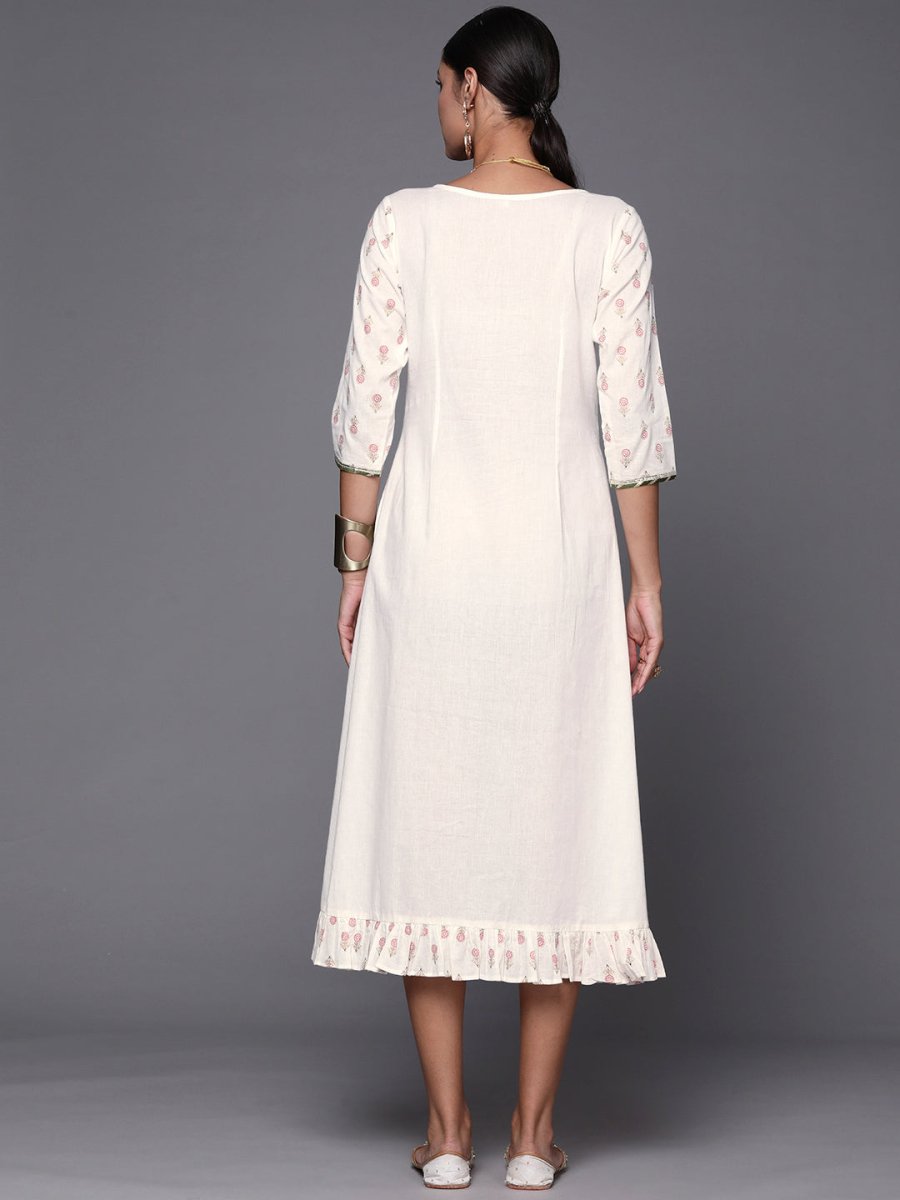 Ahalyaa Off White & Pink Floral Print A-Line Midi Dress - Distacart