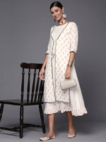 Thumbnail for Ahalyaa Off White & Pink Floral Print A-Line Midi Dress - Distacart