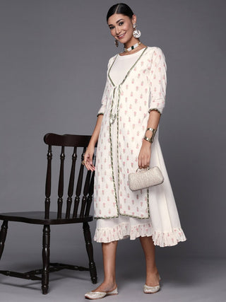 Ahalyaa Off White & Pink Floral Print A-Line Midi Dress - Distacart