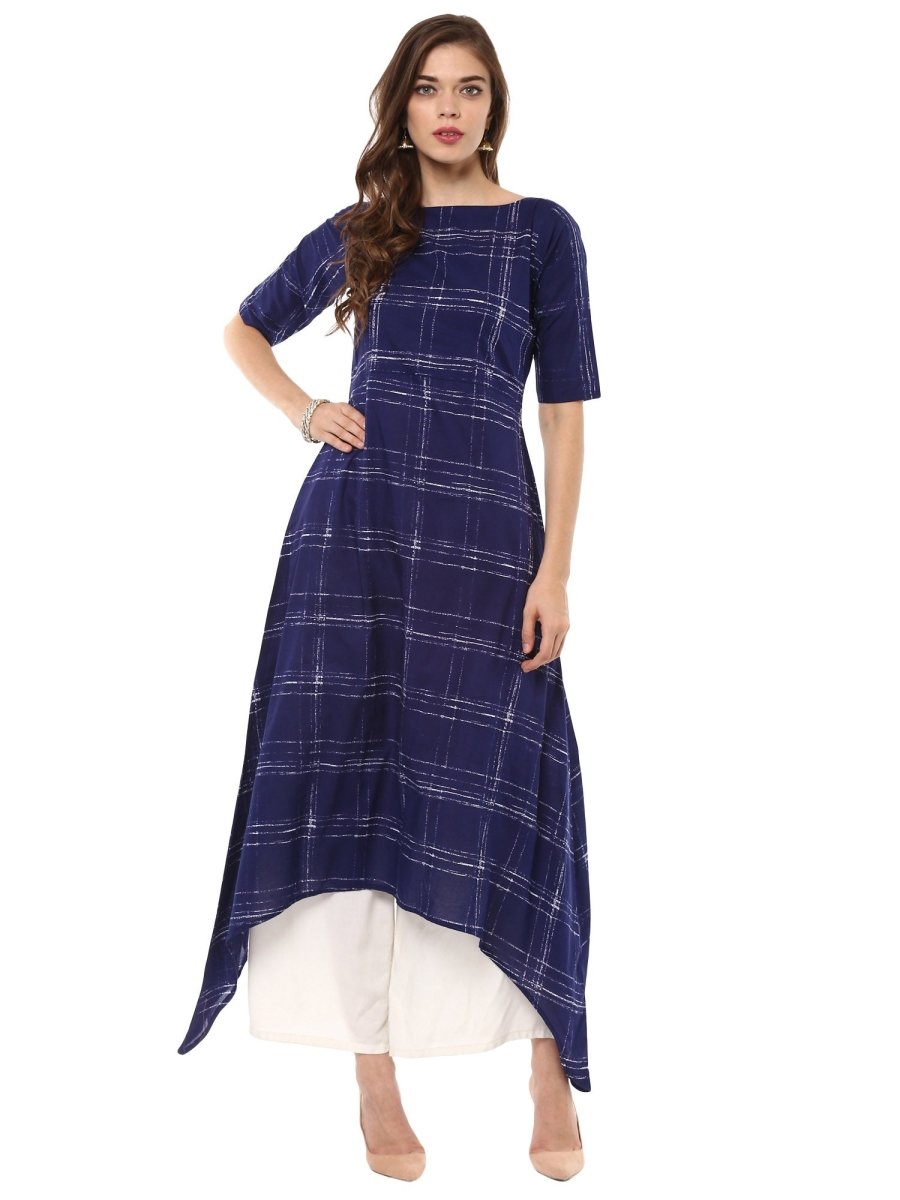 Ahalyaa Women Blue Checked A-Line Asymmetric Kurta - Distacart